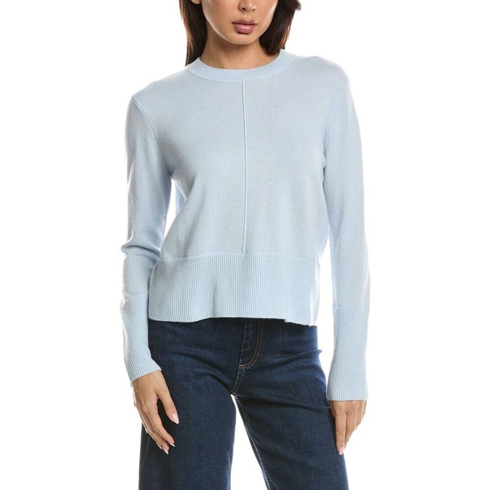 Forte Cashmere Womens Exposed Seam Crewneck 100% Cashmere Sweater, Blue